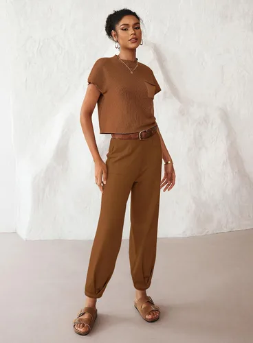 Vista 3 de MEROKEETY Conjunto de dos piezas para mujer, suéter de punto, sin botones, pantalones de cintura alta, conjunto de chándal