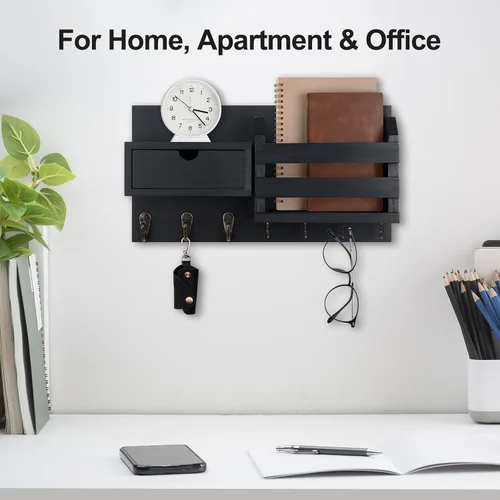Vista 6 de Lwenki Organizador de llaves y correo de pared con cajón de almacenamiento, 100% madera de Paulownia, 7 ganchos de metal, decoración del hogar