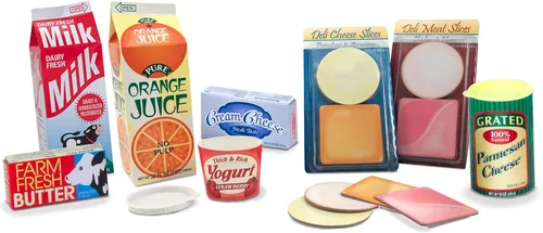 Vista 4 de Melissa & Doug - Cajas de alimentos de juguete para llenar el refrigerador (8 piezas), alimentos de madera para jugar, alimentos de simulación