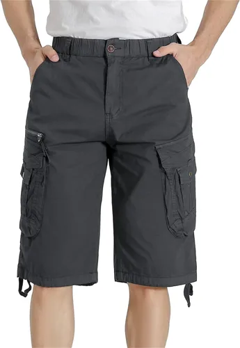 Vista 2 de Pantalones cortos cargo con cintura elástica para hombre, con bolsillo con cremallera, ajuste relajado, elásticos, ligeros, de algodón