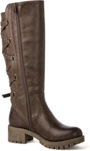 Vista 3 de GLOBALWIN Botas altas de motocicleta con tiras para mujer, botas de equitación de pantorrilla ancha con cordones en la parte trasera para otoño e