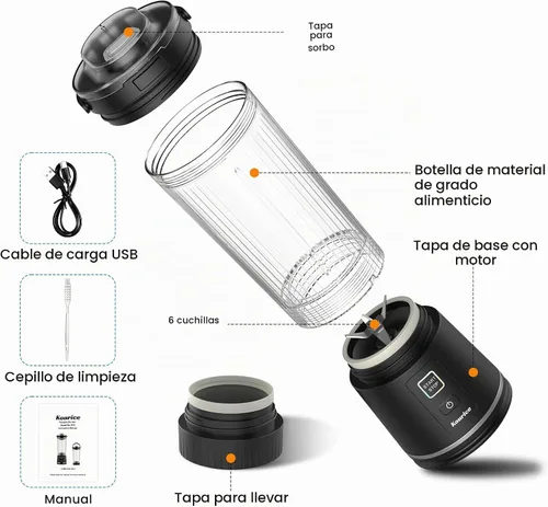 Vista 8 de Mini Licuadora Portátil Pequeña Negro