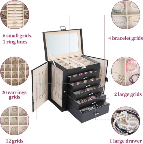 Vista 4 de Joyero para mujer, organizador grande de 6 capas con cerradura y 5 cajones para almacenamiento de joyas, joyero grande para regalo de Navidad