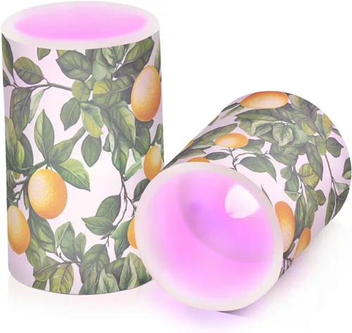 Vista 2 de Velas sin llama, funciona con pilas, acuarela, limones amarillos, parpadeantes, con control remoto, hojas verdes de verano, velas de luz cálida que