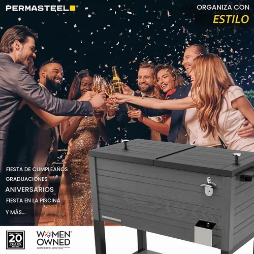 Vista 6 de Permasteel 80 Quart Party Cooler, Rolling Ice Chest with Wheels and Handles for Indoor Outdoor Patio Gris