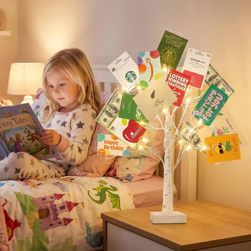Vista 6 de EAMBRITE Soporte para Regalo de Árbol de Dinero, Árbol de Abedul Iluminado de 2 Pies 24LED, Temporizador Alimentado por Batería/USB, Pantalla