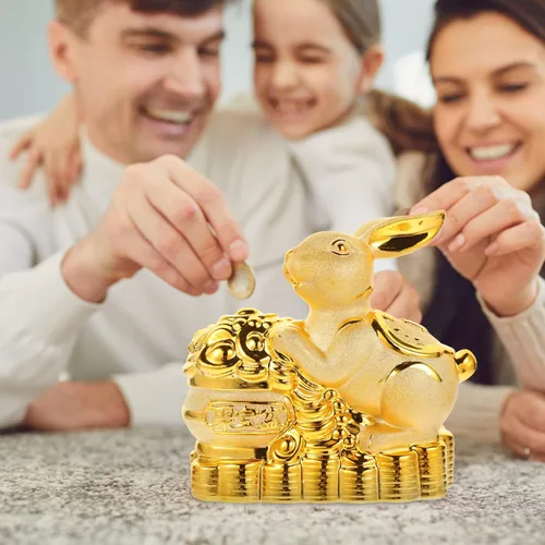 Vista 5 de Estatua de conejo de cerámica Feng Shui Estatua de conejo para riqueza 2023 Año Nuevo chino Zodiaco Recuerdo Animales Banco Moneda Conejito Caja