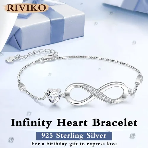 Vista 3 de RIVIKO Pulsera con dije de símbolo de corazón de amor infinito para mujer, plata de ley 925, ajustable, cumpleaños, Navidad, día de San Valentín