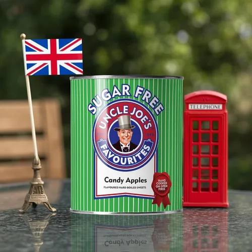 Vista 5 de Uncle Joe's Manzanas de caramelo sin azúcar, lata de 4.23 oz (4.23 onzas) Dulces duros británicos Lata de regalo de dulces duros de manzana sin