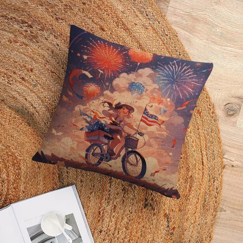 Vista 6 de Funda de cojín de lino para decoración del hogar al aire libre, 4 de julio, Día de la Independencia, celebración del 4 de julio, celebración retro