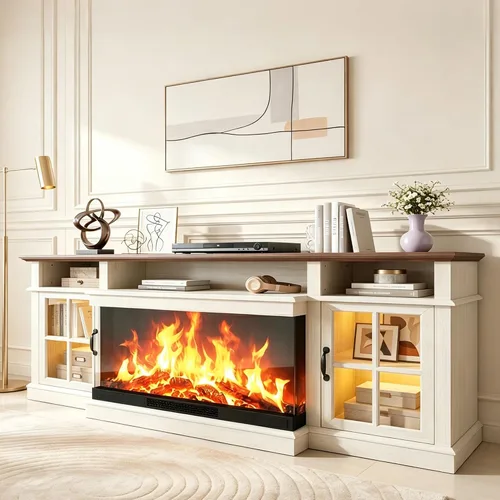 Vista 14 de Mueble de TV de estilo granja de 98" con chimenea de 36" para televisores de hasta 100", centro de entretenimiento multimedia con estantes 2-Blanco