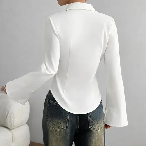 Vista 5 de Women's Slim-Fit Button-Down Long-Sleeved Casual Shirt, Fitted Work Blouse for Office Commuting