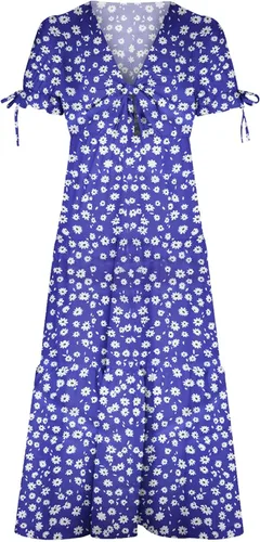 Vista 3 de Tuianres Vestidos para mujer 2023 de verano, casual, bohemio, floral, cruzado, cuello en V, con abertura, para playa, fiesta, 01#beige, azul, verde