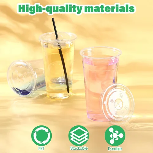 Vista 3 de Nuogo Juego de 100 vasos de plástico transparente de 32 onzas con tapas planas y pajitas, vasos de plástico PET con tapas, pajitas de colores, vasos