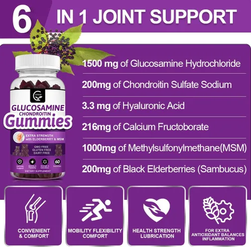 Vista 3 de GORNVB Gomitas de condroitina de glucosamina con MSM y saúco – Soporte de movilidad y flexibilidad extra fuerte, suplemento inmunológico