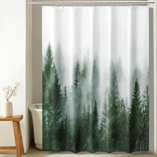 Vista 13 de ORTIGIA 36x72 Cortina de ducha de bosque nebuloso para baño pequeño, cortina de ducha estrecha de naturaleza y bosque en blanco y negro con ganchos