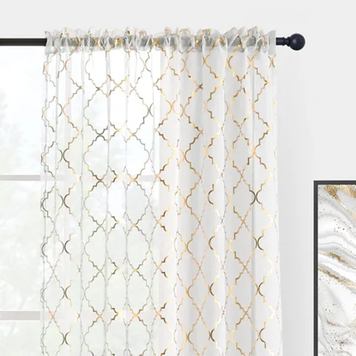 Vista 3 de Kotile - Cortinas doradas y blancas transparentes de 45 pulgadas de largo, juego de 2 paneles, con estampado marroquí metálico de ogee, cortinas