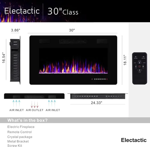 Vista 3 de Electactic - Chimenea eléctrica de 30 pulgadas para insertar ultradelgada - Chimenea calefactora empotrada y de montaje en pared con termostato