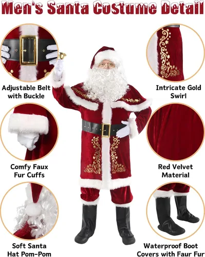 Vista 4 de Disfraz de Papá Noel para hombre, 12 piezas, juego de terciopelo rojo de lujo, fiesta de Navidad, cosplay para adultos, traje de Papá Noel