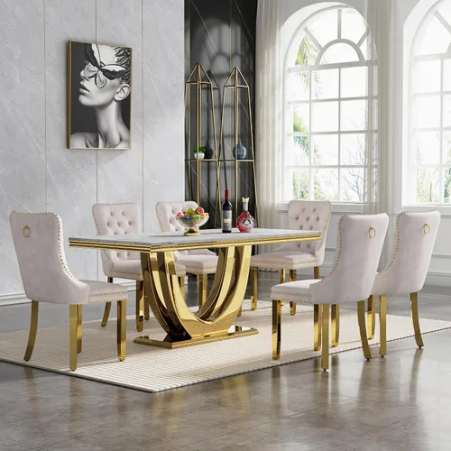 Vista 29 de Juego de mesa de comedor de mármol sintético, 7 piezas, juego de mesa de cocina y comedor para 6, mesa de comedor rectangular blanca de 70 pulgadas