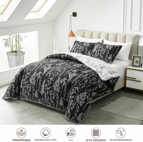 Vista 2 de Joyreap Juego de edredón de 2 piezas individual, diseño botánico reversible negro y blanco, colcha de microfibra suave y suave, funda de cama