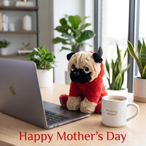 Vista 4 de Peluche de pug en disfraz de diablo de 10 pulgadas, color rojo para cumpleaños soft polyester dog with move down hood for nursery decor and