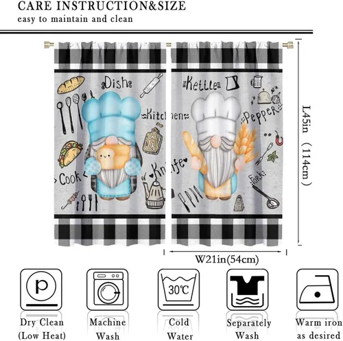 Vista 2 de Cortinas de chef para ventana, juego de 2 paneles para dormitorio y sala de estar, 42 x 45 pulgadas, a cuadros, cortinas temáticas de cocina