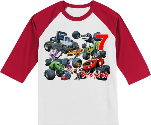 Vista 2 de Urban Smart Camiseta personalizada de cumpleaños Monster Truck Blaze Personalizada con nombre y edad Monster Truck Camiseta raglán unisex