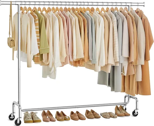 Vista 7 de SONGMICS Perchero con ruedas, estante de ropa resistente con varilla colgante extensible, capacidad de carga de 286.6 lb, 17.7 x (43.3-59.1) x 64.1