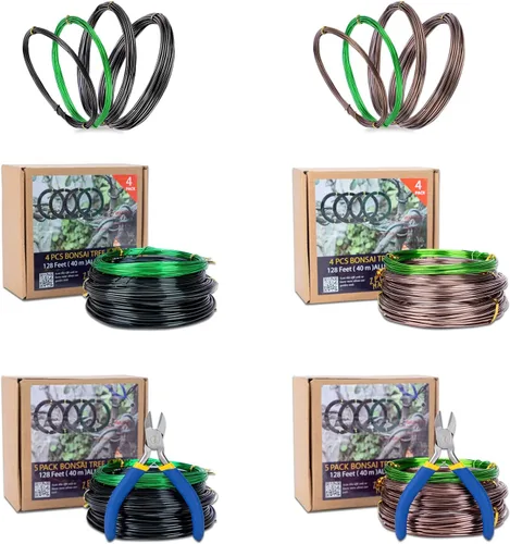 Vista 6 de Kit de alambre de bonsái 4 rollos, juego de alambre de entrenamiento de bonsái de aluminio de 64 pies 16 pies (verde+negro)