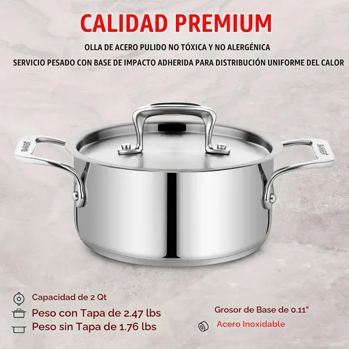 Vista 6 de Olla de acero inoxidable con tapa de 2 cuartos, acero inoxidable 18/8 duradero, base con unión por impacto para calentamiento uniforme, asas