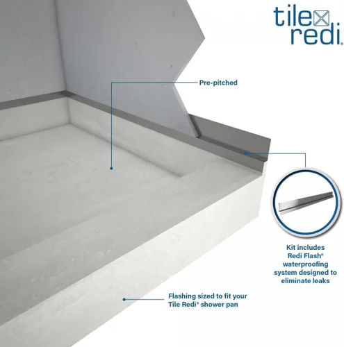 Vista 5 de Tile Redi RT3660L-BN-RB36-KIT - Sartén y banco de ducha con drenaje izquierdo, base de ducha de un bordillo, banco, drenaje de PVC de 2 pulgadas
