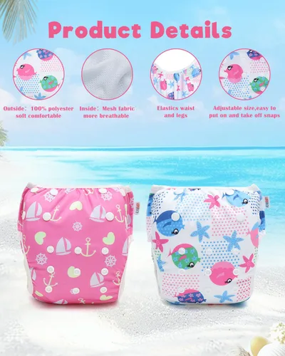 Vista 2 de ALVA Pañales de natación BABY 2 piezas reutilizables para bebé niña de 0 a 8 meses, pañales de natación ajustables a presión lavables para piscina