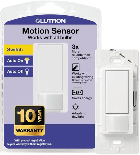 Vista 25 de Lutron Maestro Interruptor de luz con sensor de movimiento y placa de pared para baño, garaje, lavandería, cualquier bombilla, sensor de ocupación