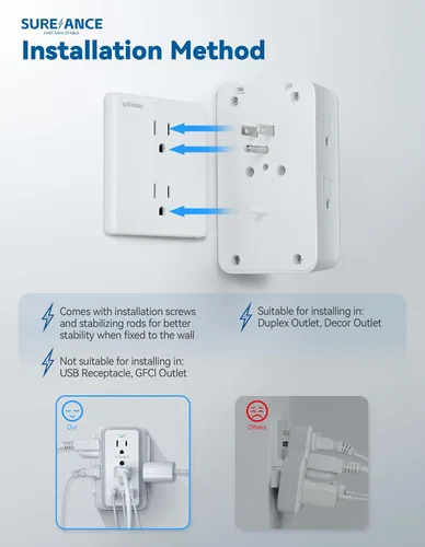 Vista 7 de Toma de pared multienchufe, extensor de 6 salidas con luz nocturna, 3 puertos USB, regleta de alimentación de 3 lados con adaptador espaciado