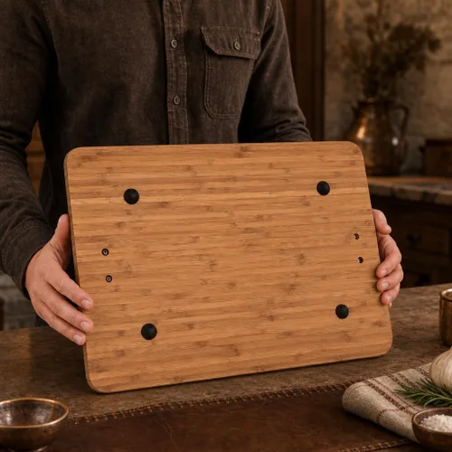 Vista 3 de Arthur Court - Tabla de tallar de madera de bambú con mango de aluminio, perfecta para servir carnes o aperitivos, 20 x 13 pulgadas