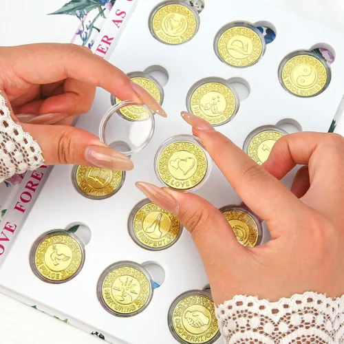 Vista 5 de TINGKU Juego de monedas de oro para boda Arras de Boda, accesorios para ceremonia de boda, moneda Arrhae con caja de colección de libros - Inglés