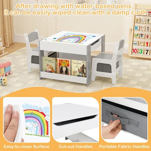Vista 5 de HONEY JOY Mesa y sillas para niños, juego de actividades de madera 4 en 1 para niños con libreros dobles, almacenamiento, tablero desmontable