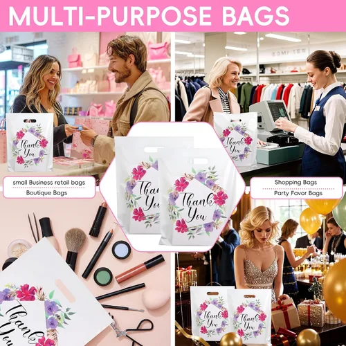 Vista 7 de POPGIFTU Bolsas de agradecimiento florales con asas, bolsa de plástico de 12 x 15 pulgadas, paquete de 100 – Boutique, regalo, recuerdo de fiesta