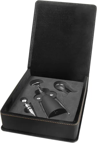 Vista 4 de Juego de herramientas de vino personalizado de cuero sintético de 3 piezas (negro con oro)