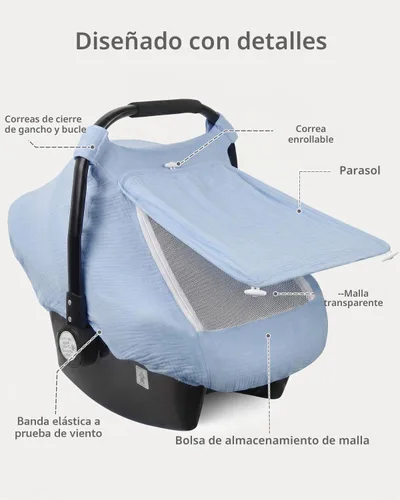 Vista 3 de Rquite Funda de asiento de automóvil para bebé, niña, niño, 100% muselina de algodón, toldo transpirable a prueba de viento con ventana de malla