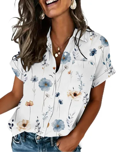 Vista 15 de Zeagoo Camisa de manga corta con botones para mujer, cuello en V, elegante, casual, para negocios, trabajo, con bolsillo, S-XXL