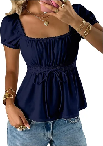 Vista 27 de SOLY HUX Blusa de verano de manga corta para mujer Blanco sólido