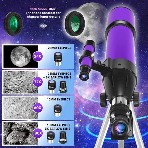 Vista 3 de Telescopio, telescopio para adultos y niños y principiantes de astronomía, apertura de 80 mm, longitud focal de 600 mm, telescopio refractor
