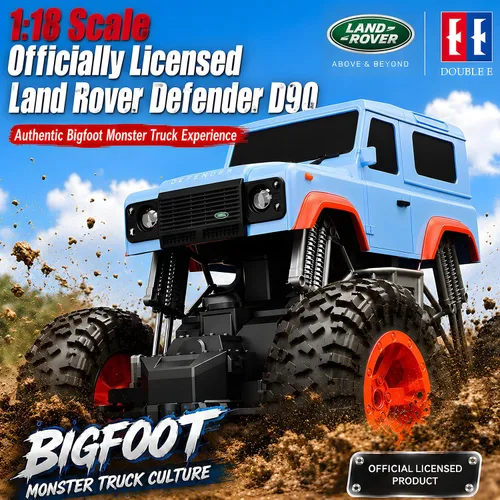 Vista 2 de DOUBLE E 1:18 Land Rover Defender D90 RC Camión, 4WD Bigfoot Monster Truck con 2 calcomanías de bricolaje, auto RC de 2.4 GHz, control de 100 pies