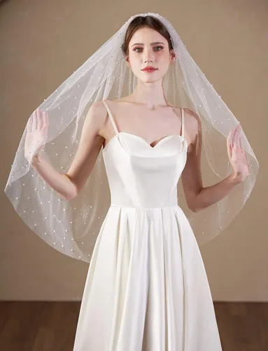 Vista 2 de Velo de novia con perla de tul con purpurina de 1 nivel F06