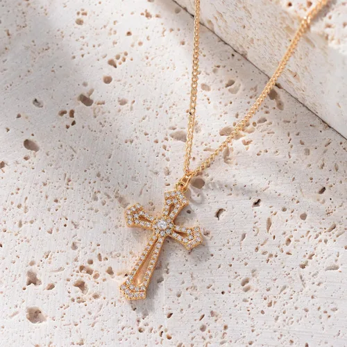 Vista 138 de Fettero - Collar con dije de cruz de fe, chapado en oro de 14 K, cadena fina, minimalista, simple, pequeña, para oración, regalo de joyería religiosa