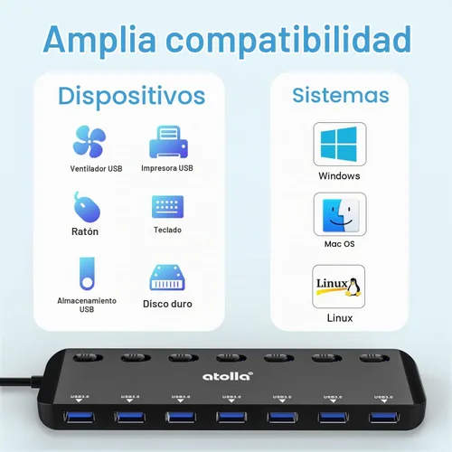 Vista 3 de atolla Divisor de concentrador USB 3.0 de 7 puertos, extensor USB Ultra Slim Data USB Hub con interruptor de alimentación individual y LED