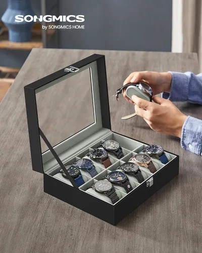 Vista 2 de SONGMICS Caja de reloj, caja de reloj de 10 ranuras con tapa de vidrio grande, almohadas extraíbles para reloj, organizador de caja de reloj, regalo