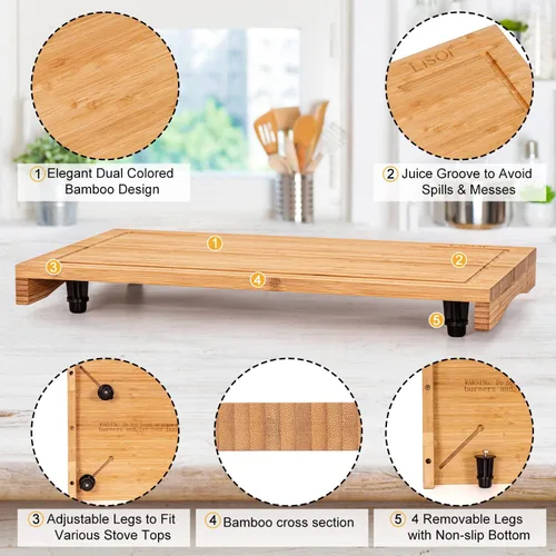 Vista 3 de Cubierta de bambú para estufa y tabla de cortar de encimera con patas ajustables, tabla de cortar de doble propósito para quemador de estufa